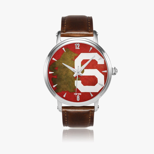 A Row One Brand wristwatch with a red and white dial featuring a bear holding an "S" graphic, a stainless steel case, and a brown leather strap.
