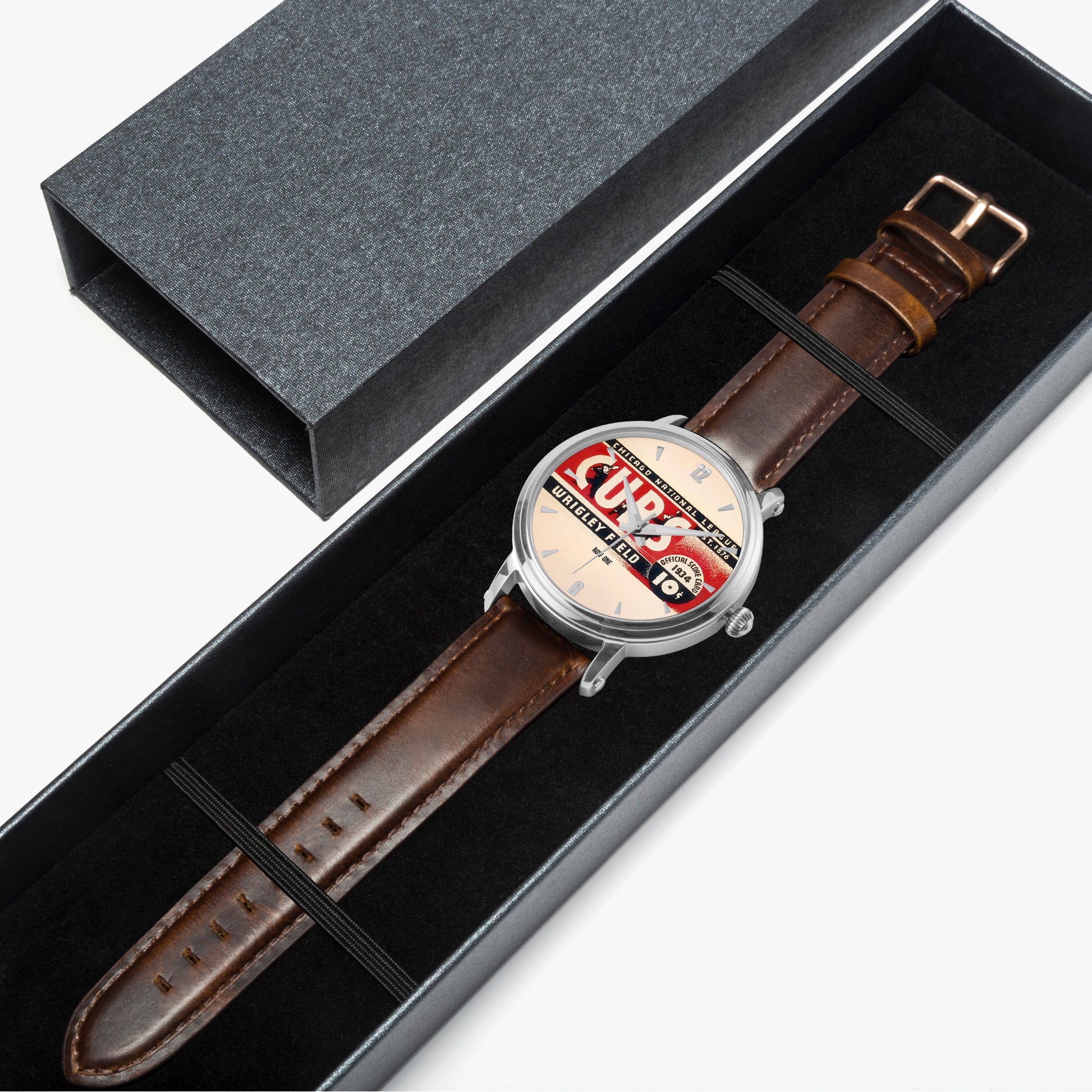 1934 Chicago Cubs Baseball Score Card Art Watch from Row One Brand with Brown Leather Band in a Box