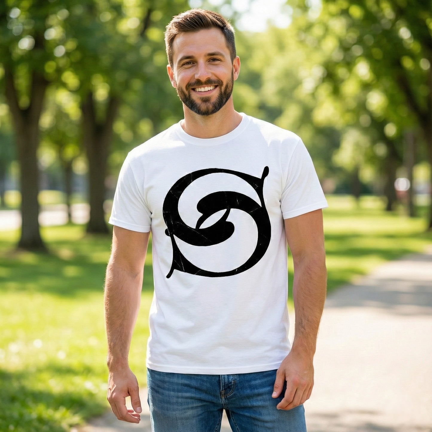 Man wearing a white t-shirt with a black logo outside