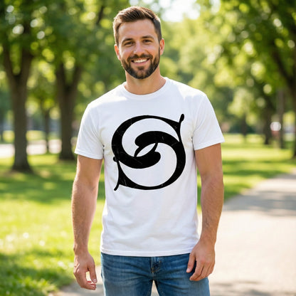 Man wearing a white t-shirt with a black logo outside