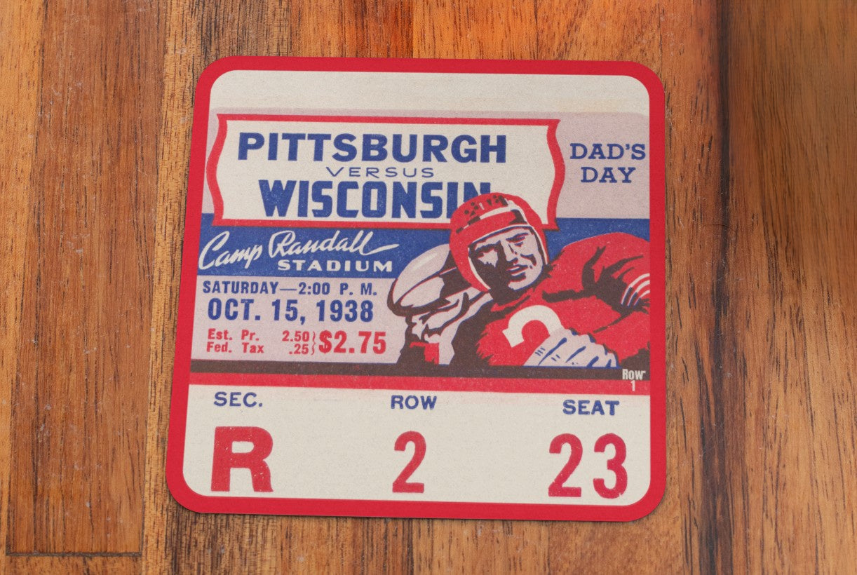 1938 Wisconsin Badgers vs. Pitt Panthers Football Ticket Coasters with Vintage Quarterback Graphics | Row One Brand Vintage Ticket Sports Gifts | Gifts for Dad's Game Room, Man Cave, or Office