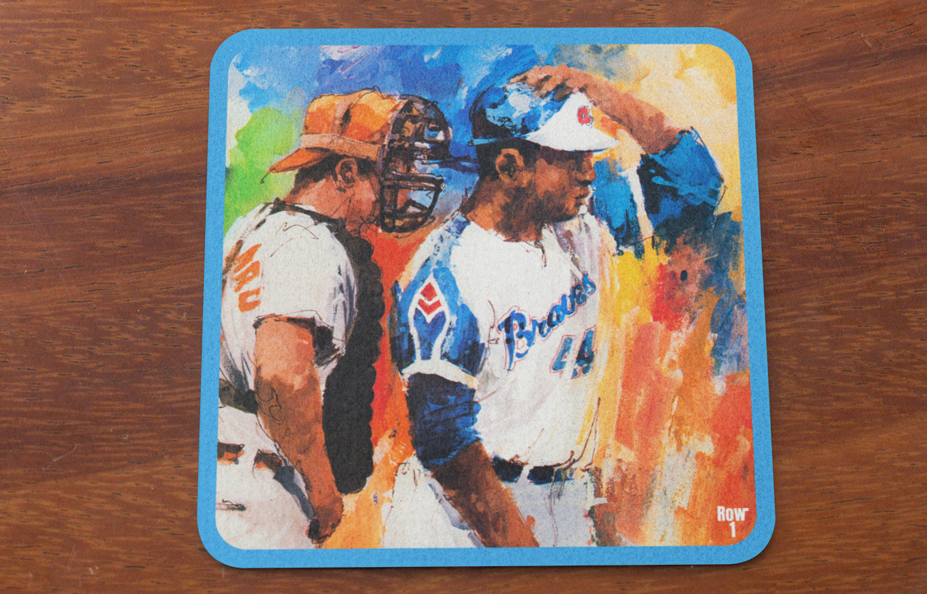 1974 Hank Aaron Art Drink Coasters from Row One Brand | Aaron at Home Plate with Catcher | Unique Sports Gifts in 2024