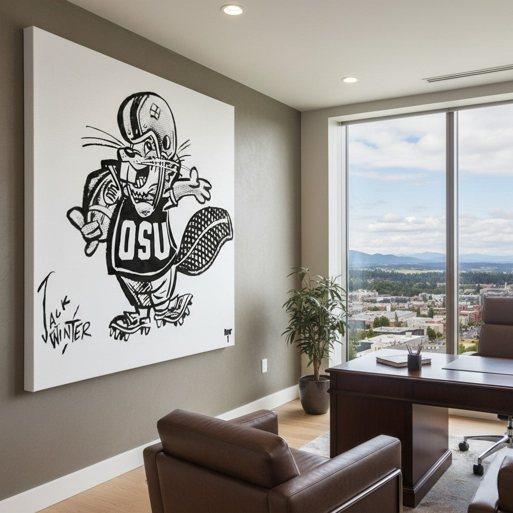 Modern office with a large wall art piece of Jack Winter art showing a cartoon character wearing an 'OSU' jersey and holding a football.