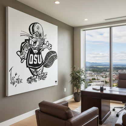 Modern office with a large wall art piece of Jack Winter art showing a cartoon character wearing an 'OSU' jersey and holding a football.