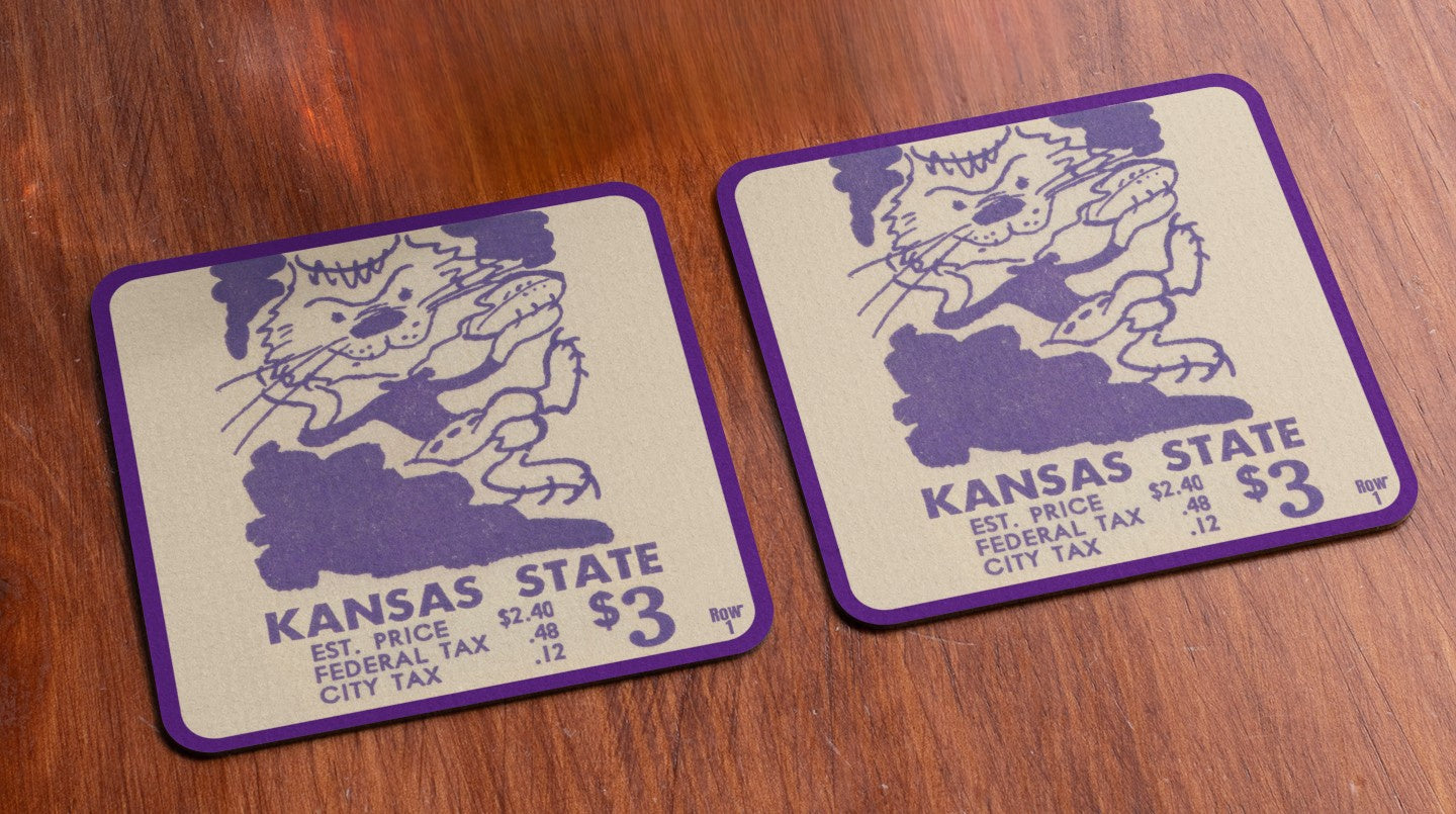 1950 Kansas State Wildcat Cartoon Art | Row One Brand Vintage Ticket Stub Coasters with '50 Cat Art Graphics and $3 Price of Admission