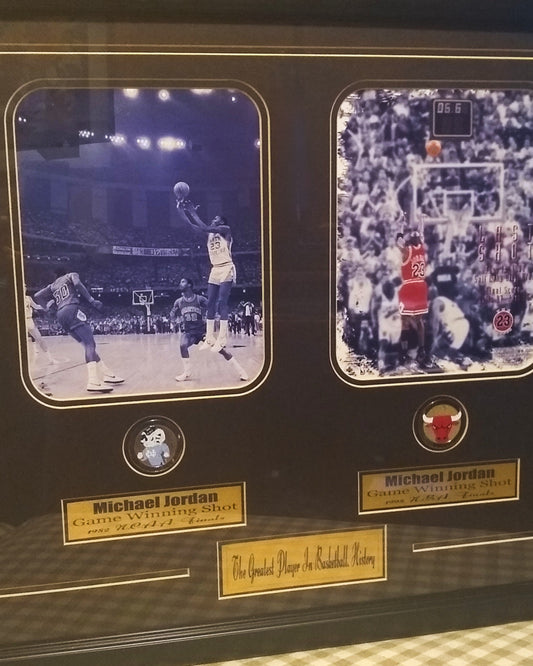Rare Michael Jordan Framed Wall Art | 2 Jordan Game Winner Photos | 26 x 22 Inch Art