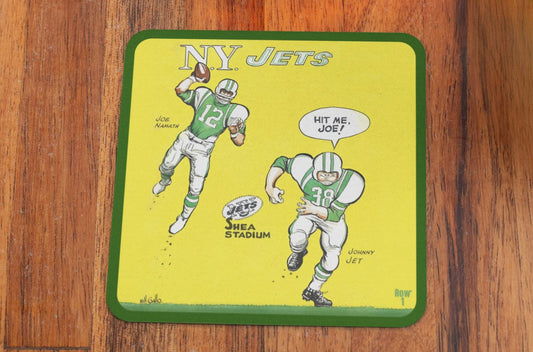 1967 Joe Namath New York Jets Cartoon Art Drink Coasters | Artist Bill Gallo | Unique NYC Sports Gifts