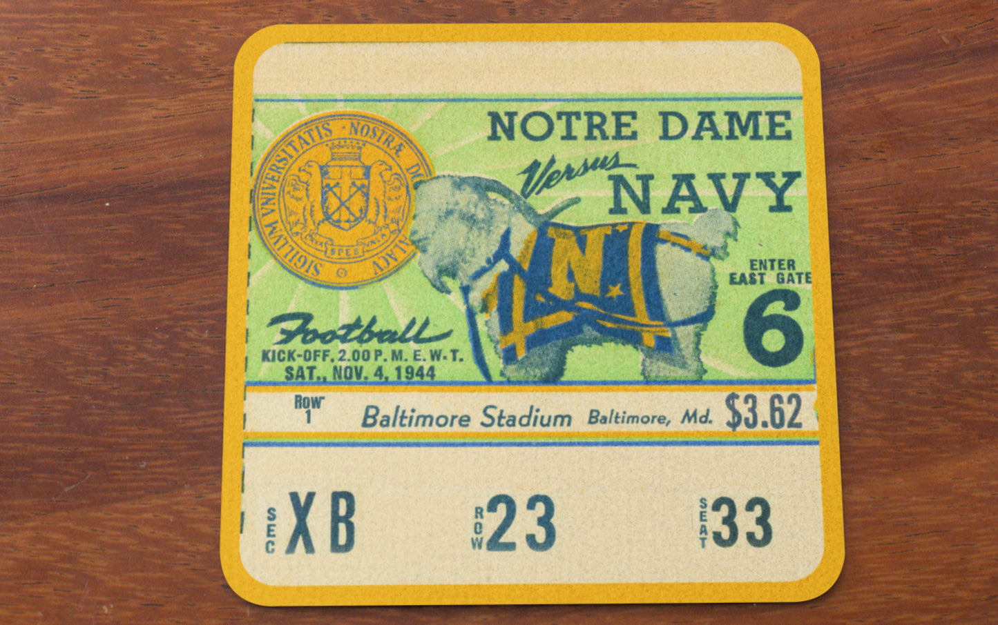 Unique Father's Day Sports Gifts | 1944 Notre Dame vs. Navy Football Ticket Drink Coasters