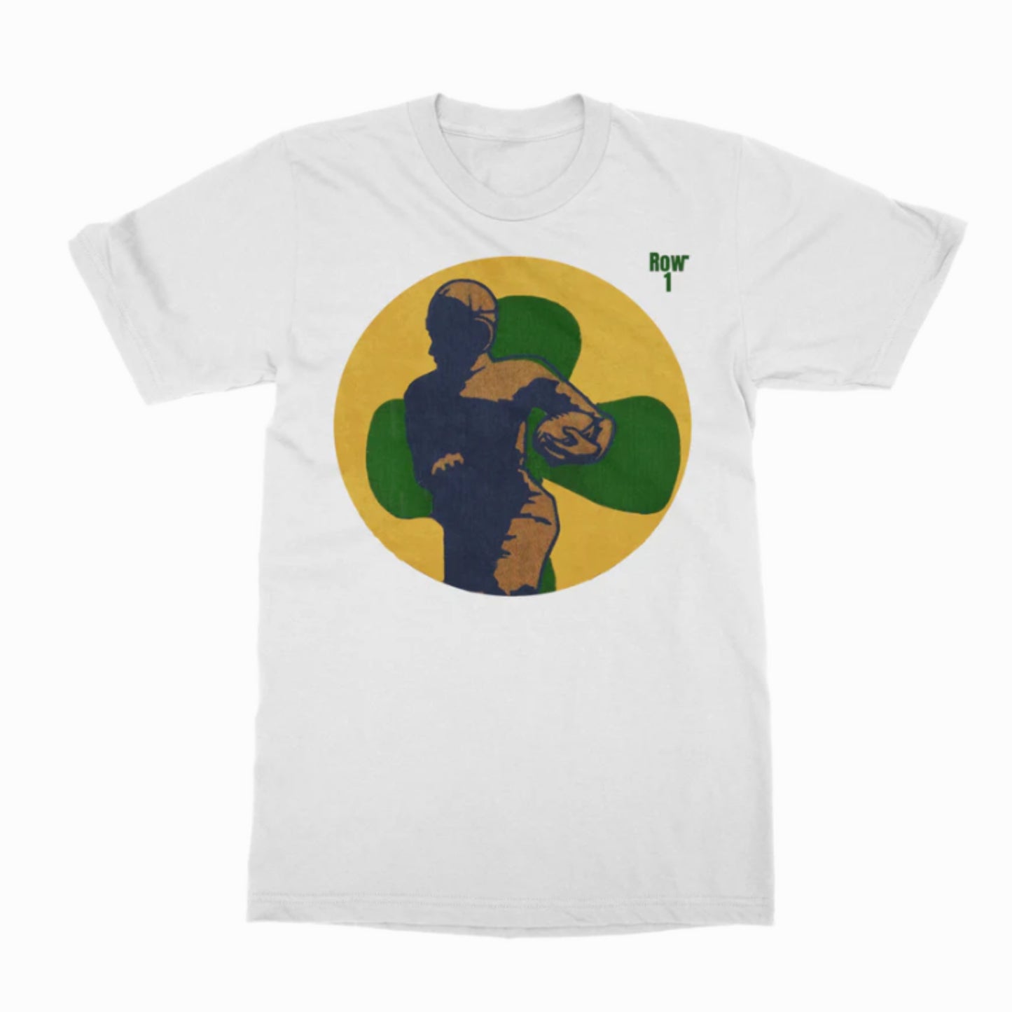 Gildan Tee with Circle 1940s Notre Dame Football Player Art Graphics from Row One Brand | Row 1 Logo