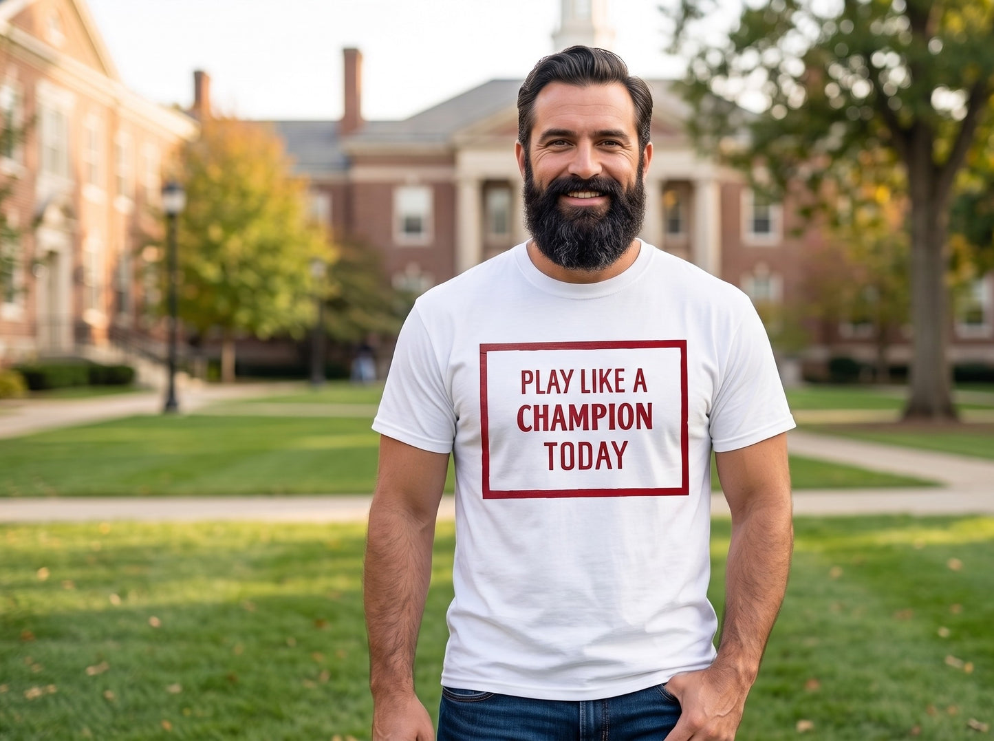 A smiling bearded man standing outdoors on a grassy campus lawn wearing a white graphic T-shirt with a red border and the text 'PLAY LIKE A CHAMPION TODAY'.