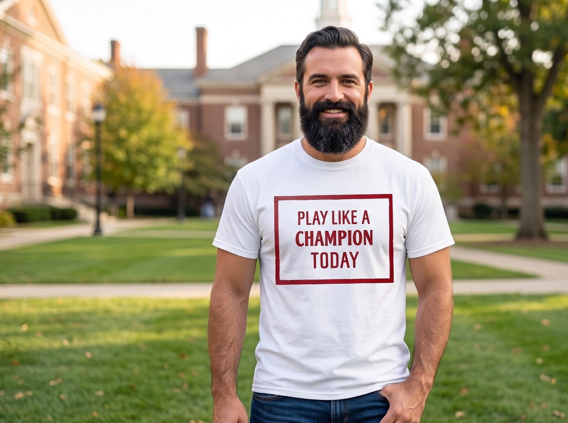 A smiling bearded man standing outdoors on a grassy campus lawn wearing a white graphic T-shirt with a red border and the text 'PLAY LIKE A CHAMPION TODAY'.