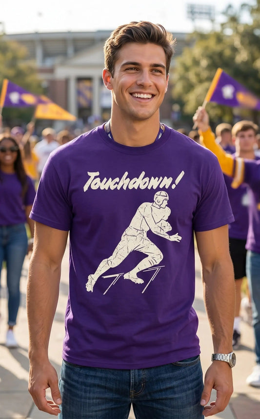 Vintage Football Touchdown Tee from Row One Brand Worn by College Male outside stadium on game day