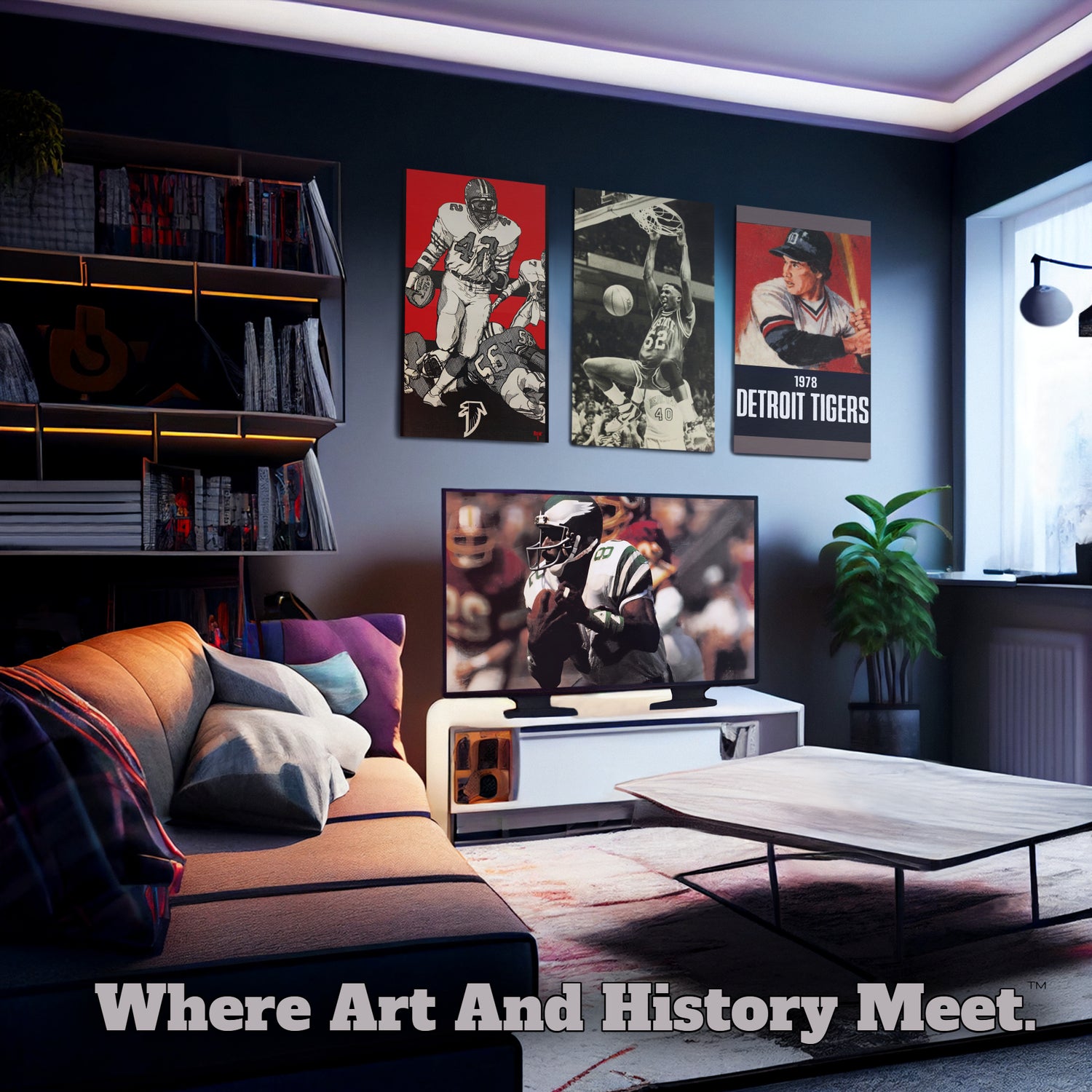 Row One Sports Art in a Modern Living Room with Smart TV