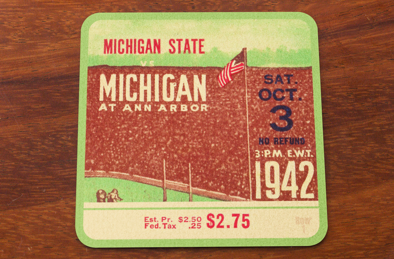 1942 Michigan State Spartans vs. Michigan Wolverines Football Ticket Coasters with American Flag and Stadium Graphics