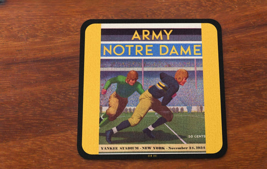 Birch wood coaster with 1934 football game program design featuring 'Army Notre Dame' on a wooden surface