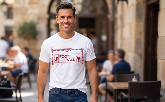 A smiling man wearing a Row One Brand vintage college tee white graphic t-shirt with a red ' Sooner FOOTBALL' design, standing in an outdoor street setting with blurred cafe tables and stone buildings in the background.