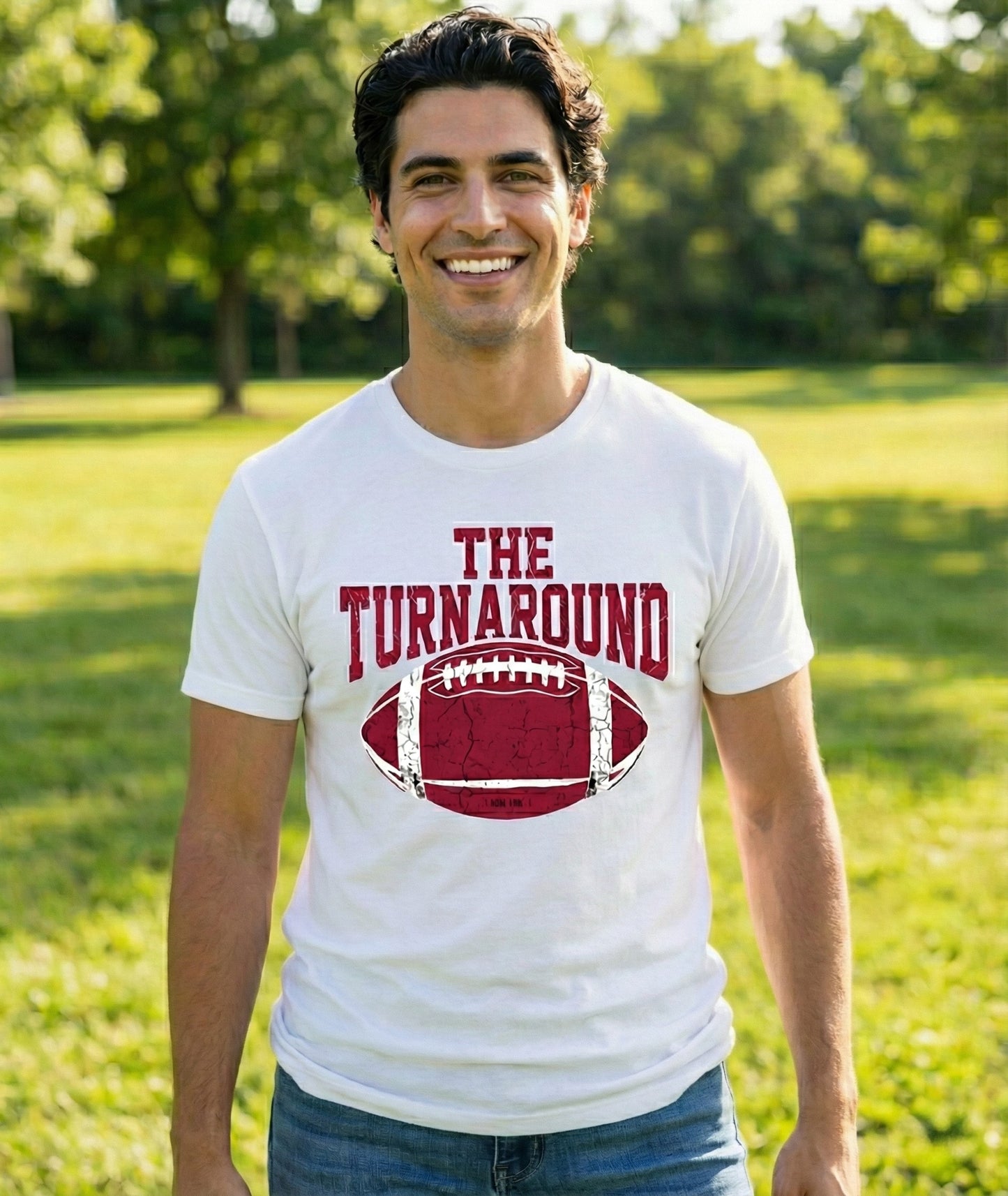 The Football Turnaround Tee worn by happy man standing outside on sunny spring day