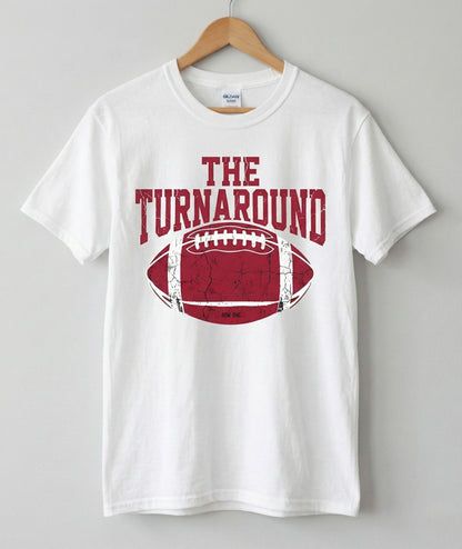 The Turnaround football tee hanging on hanger 