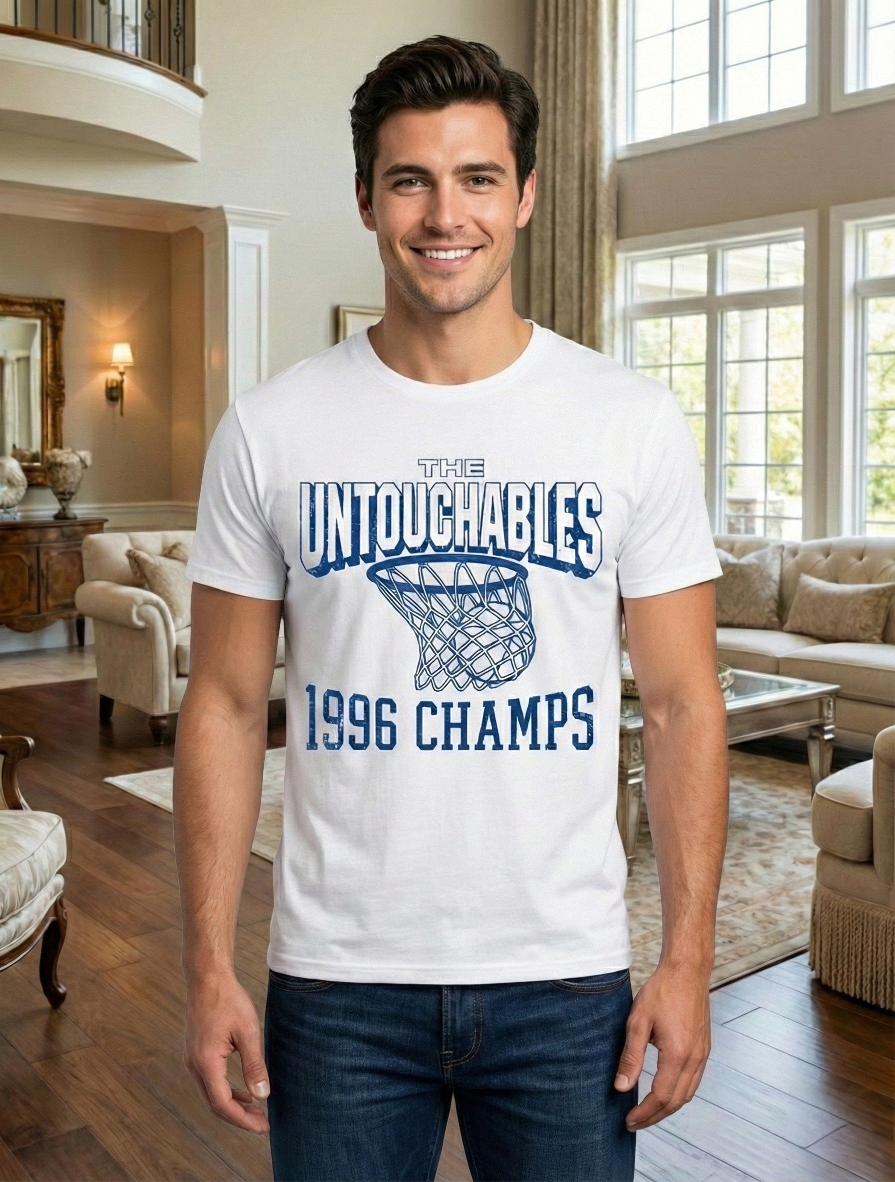Man wearing Gildan 5000 white tee with Untouchables Basketball Graphic 1996 Champs tee from Row One Brand