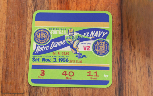 Ticket Stub Drink Coasters | 1956 Notre Dame vs. Navy Football Ticket Coasters with Vintage Running Back Graphics | Row One Brand