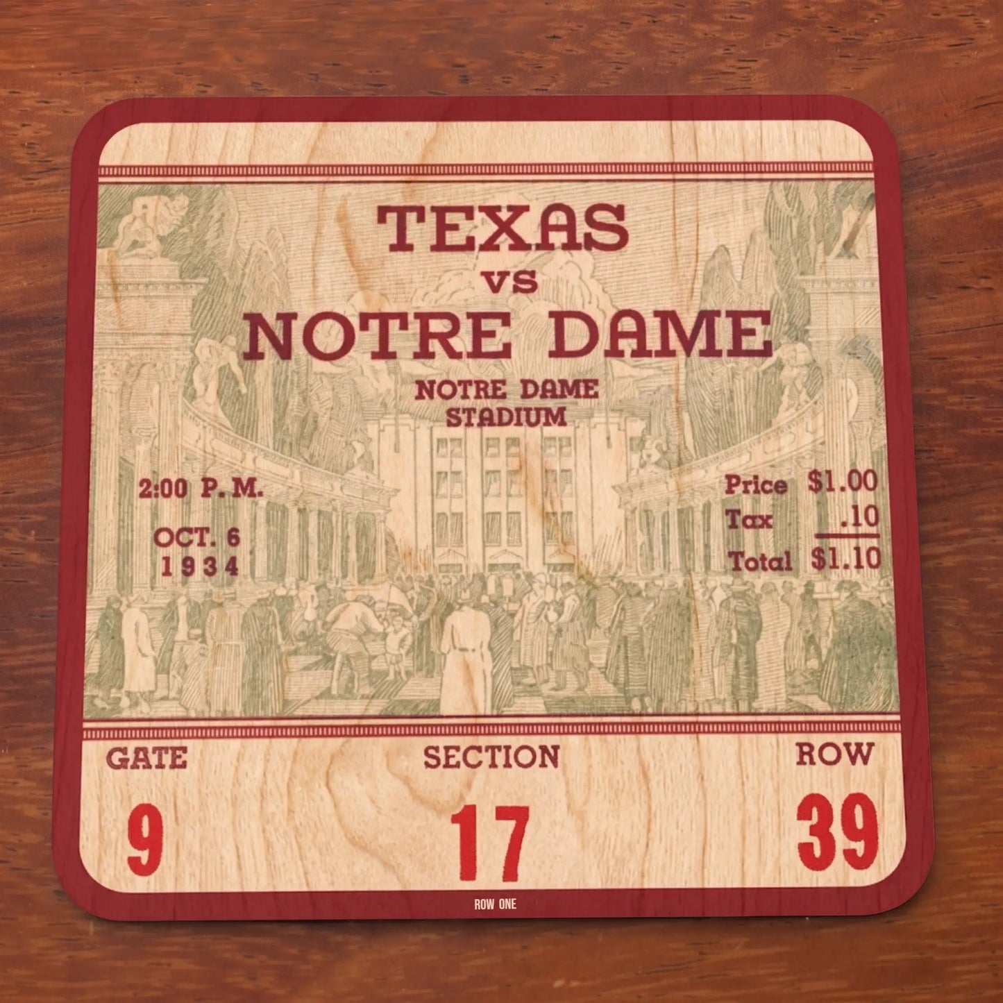 A Row One Brand vintage college football ticket coaster square wooden birch coaster featuring a vintage 1934 Texas vs Notre Dame football ticket design, placed on a dark wood surface.