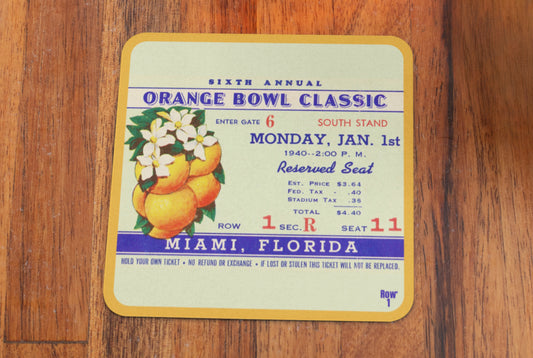 1940 Orange Bowl Football Ticket Stub Drink Coasters | Unique Sports Gifts for Dads