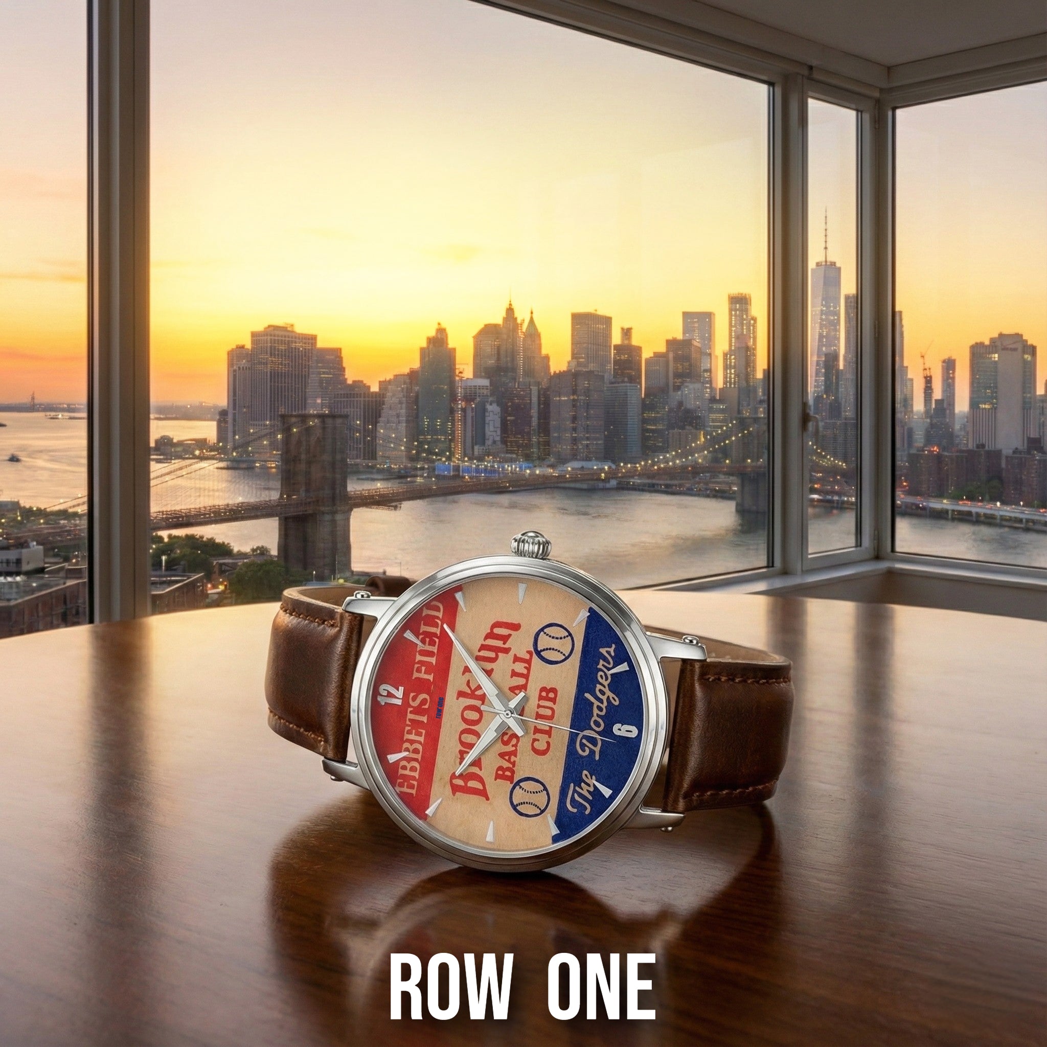 Row One Brand vintage sports watch with face design 1939 Ebbets Field Brooklyn Baseball Club The Dodgers Art surface graphic laying on wood table with cityscape sunset view of a bridge and water