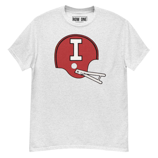A light heather gray crewneck t-shirt featuring a red football helmet graphic on the chest with a white letter 'I' and a white neck label that reads 'ROW ONE'.