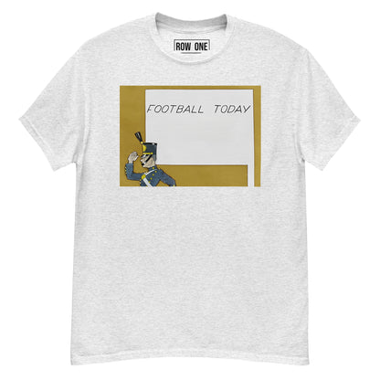 1939 Football Today Vintage College Football Tee from Row One Brand with Row One trademark inside label. Art shows cadet marching and a sign that reads "Football Today"