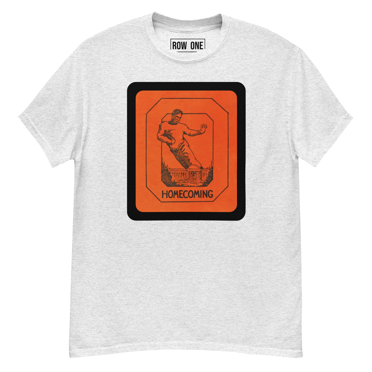 A light heather gray crewneck t-shirt featuring a large orange and black graphic print on the front with a football player silhouette and the word 'HOMECOMING'. The inside collar shows the brand label 'ROW ONE'.