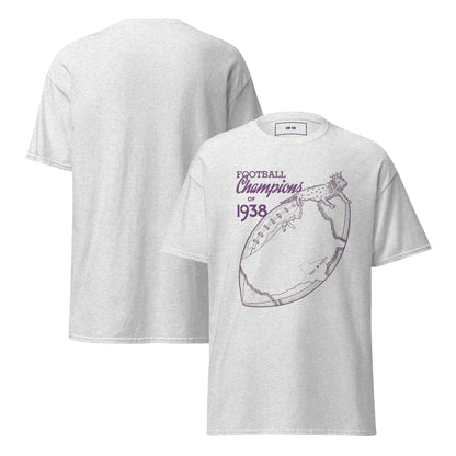 Row One Brand Ash Gray t-shirt with 1938 vintage football graphic with frog wearing a crown, displayed from front and back views.