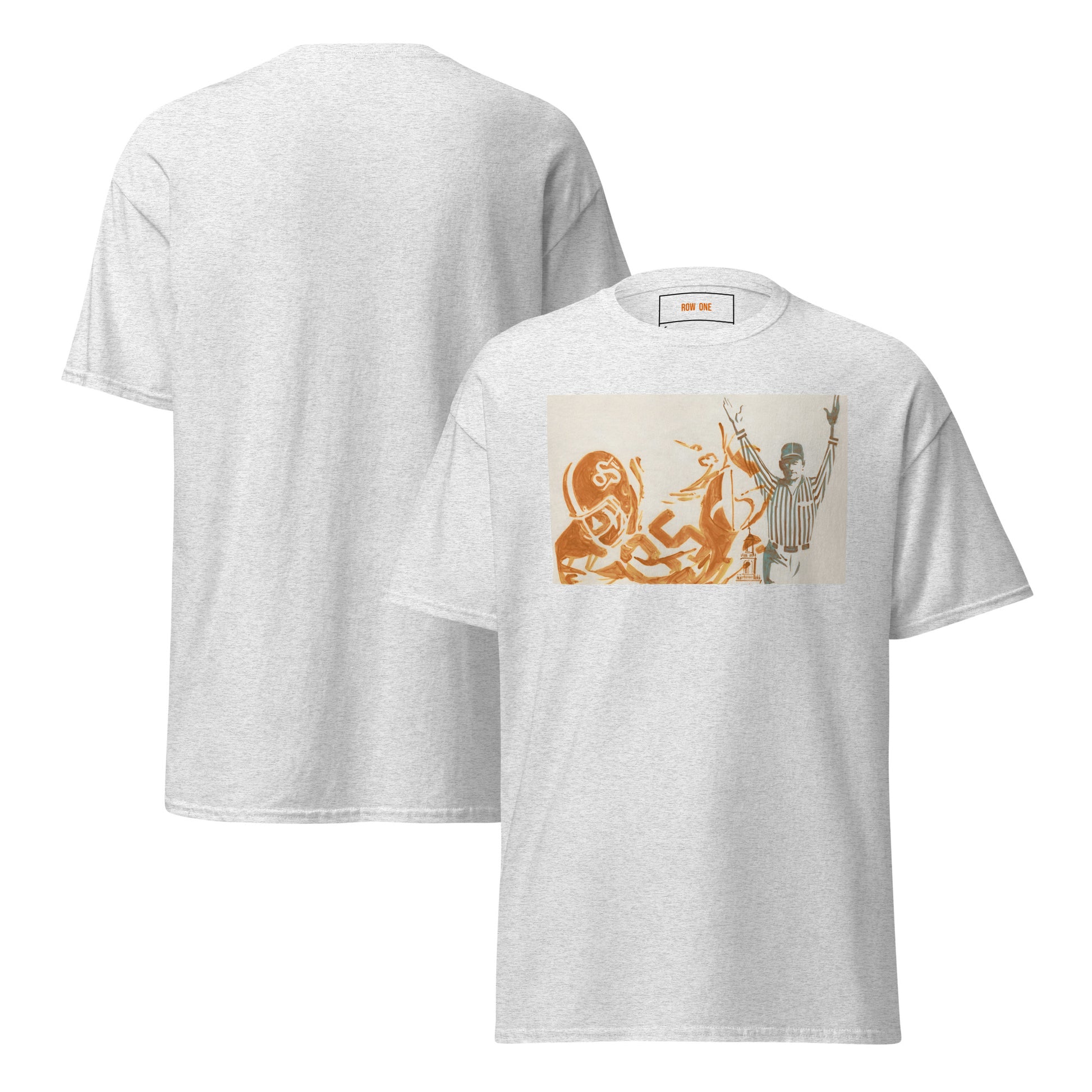 A Row One Brand retro college football tee light heather gray short-sleeve t-shirt shown from both front and back. The front features a rectangular graphic print on the chest with an orange and beige illustration of a football player and a referee.