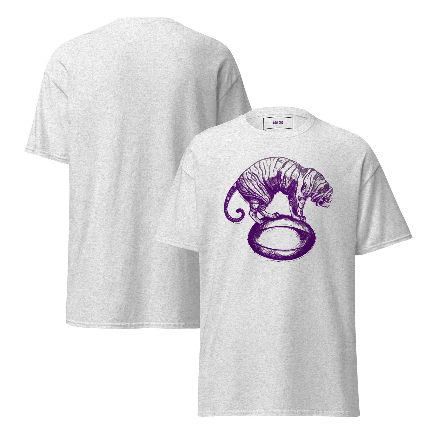 A Row One Brand vintage college football tee light heather gray short-sleeve t-shirt shown from both front and back. The front features a purple line-art graphic of a tiger standing on a early 20th Century football.