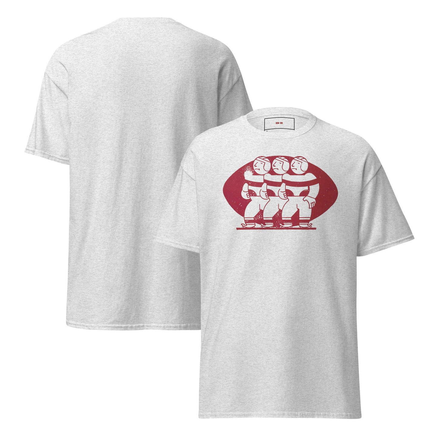 A light heather gray short-sleeve t-shirt shown from both the front and back. The front features a red and white graphic of three football players inside a football-shaped outline.