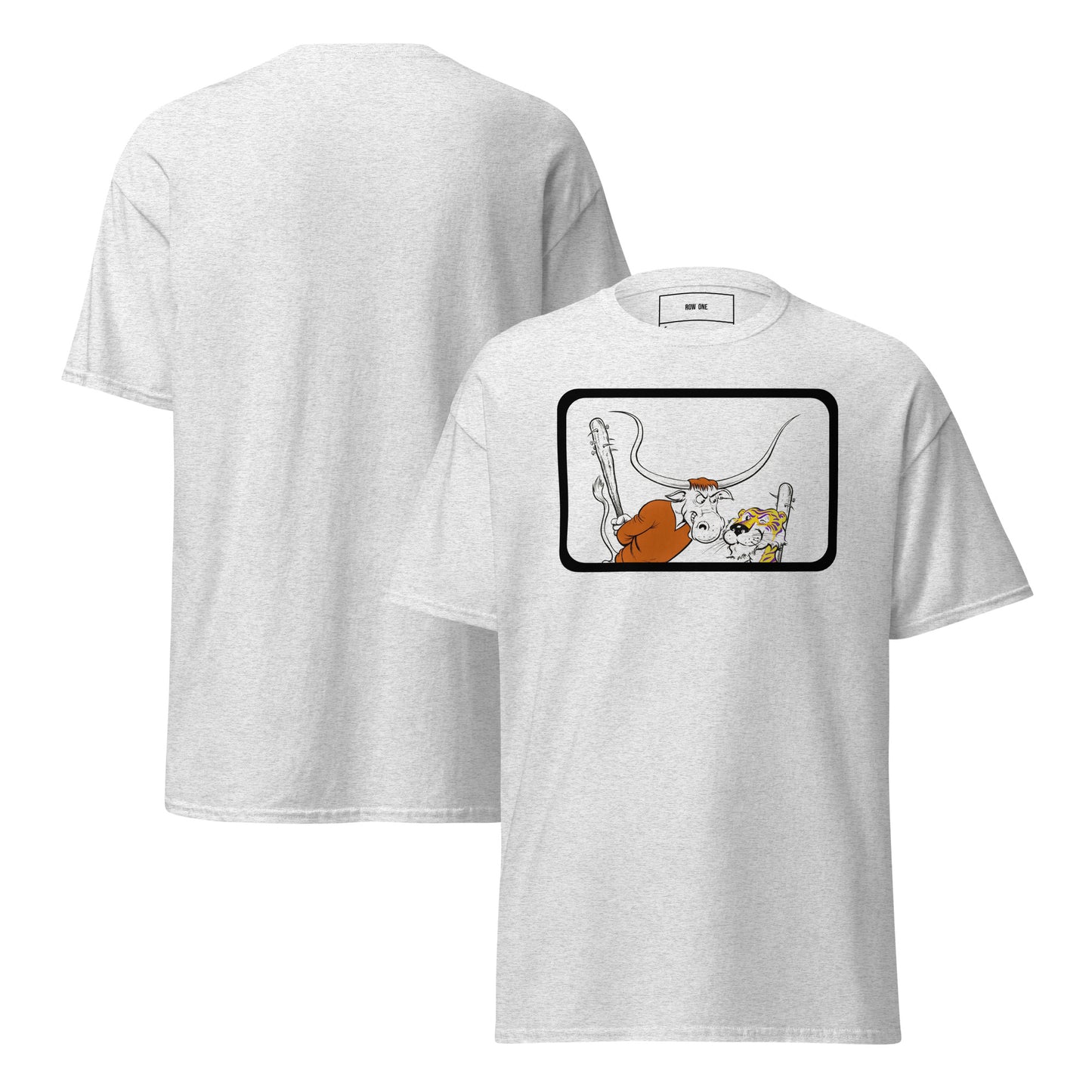 Row One Brand vintage college tee with cartoon longhorn and tiger art graphic and Row One trademark in neck inside