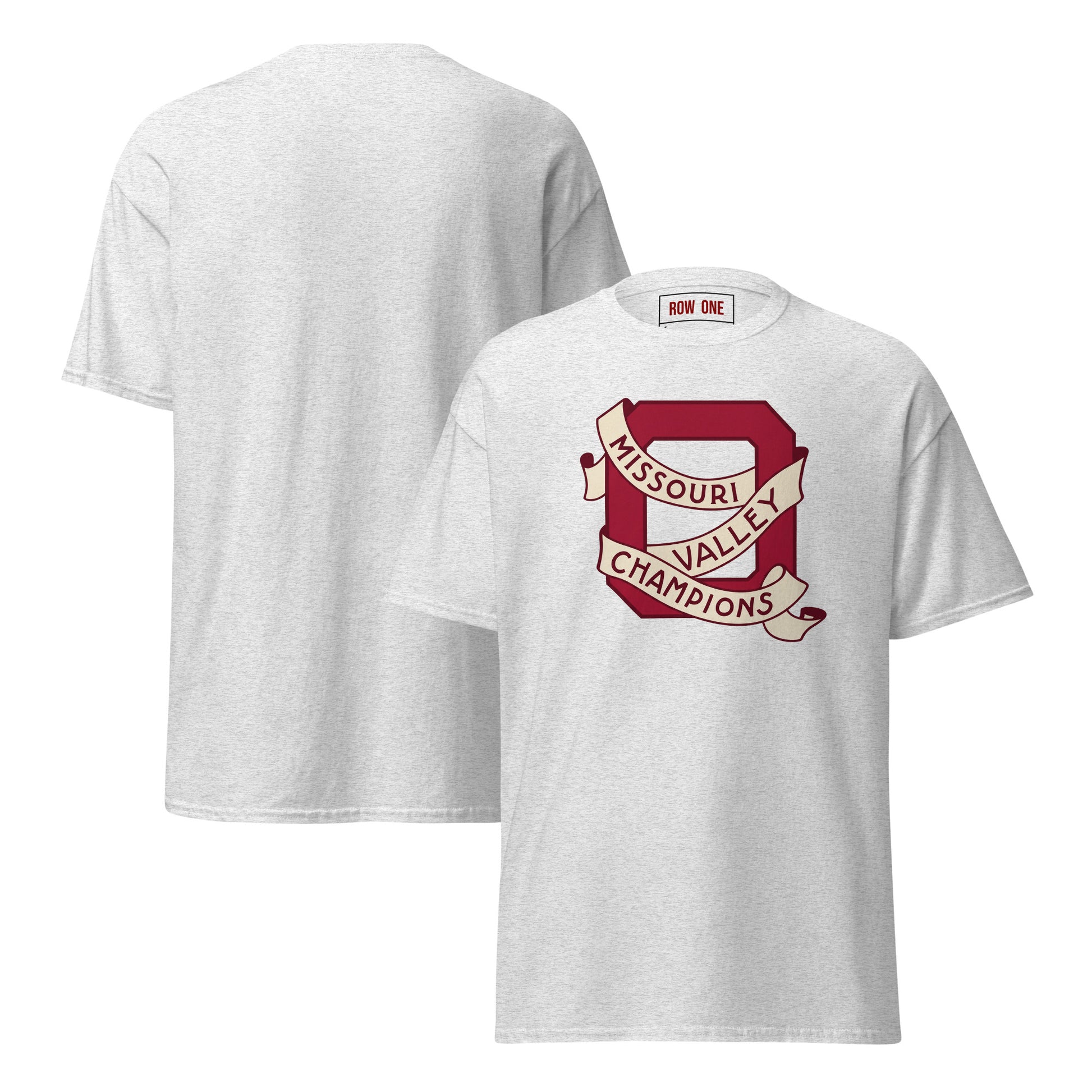 A light heather gray t-shirt shown from both front and back. The front features a crimson and cream graphic of a 'Missouri Valley Champions' scroll design.