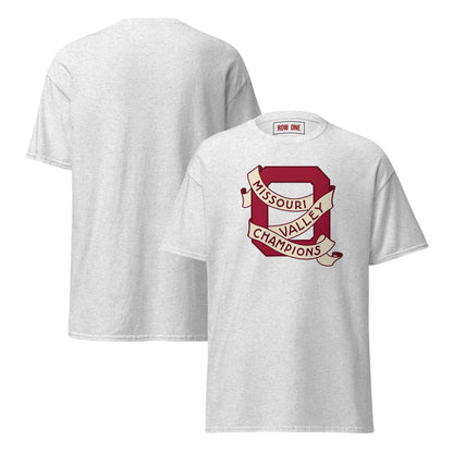 A light heather gray t-shirt shown from both front and back. The front features a crimson and cream graphic of a 'Missouri Valley Champions' scroll design.