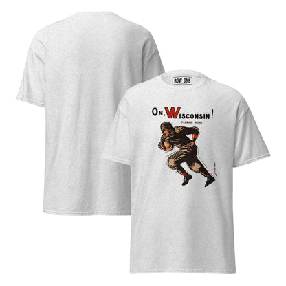 A light heather gray t-shirt shown from both front and back. The front features a graphic of a 1909 football player with the text 'On Wisconsin!' and Carl Beck Artist Signature