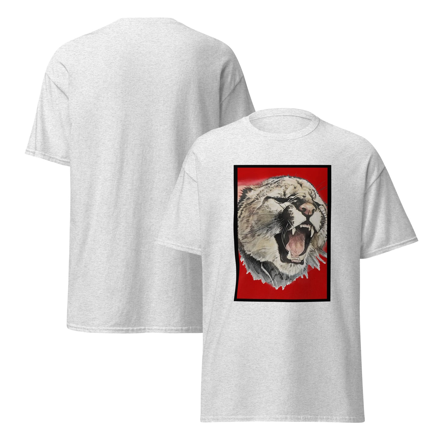 Grey short-sleeve t-shirt shown from both front and back. The front features a large graphic print of a roaring cougar's head on a bright red rectangular background.