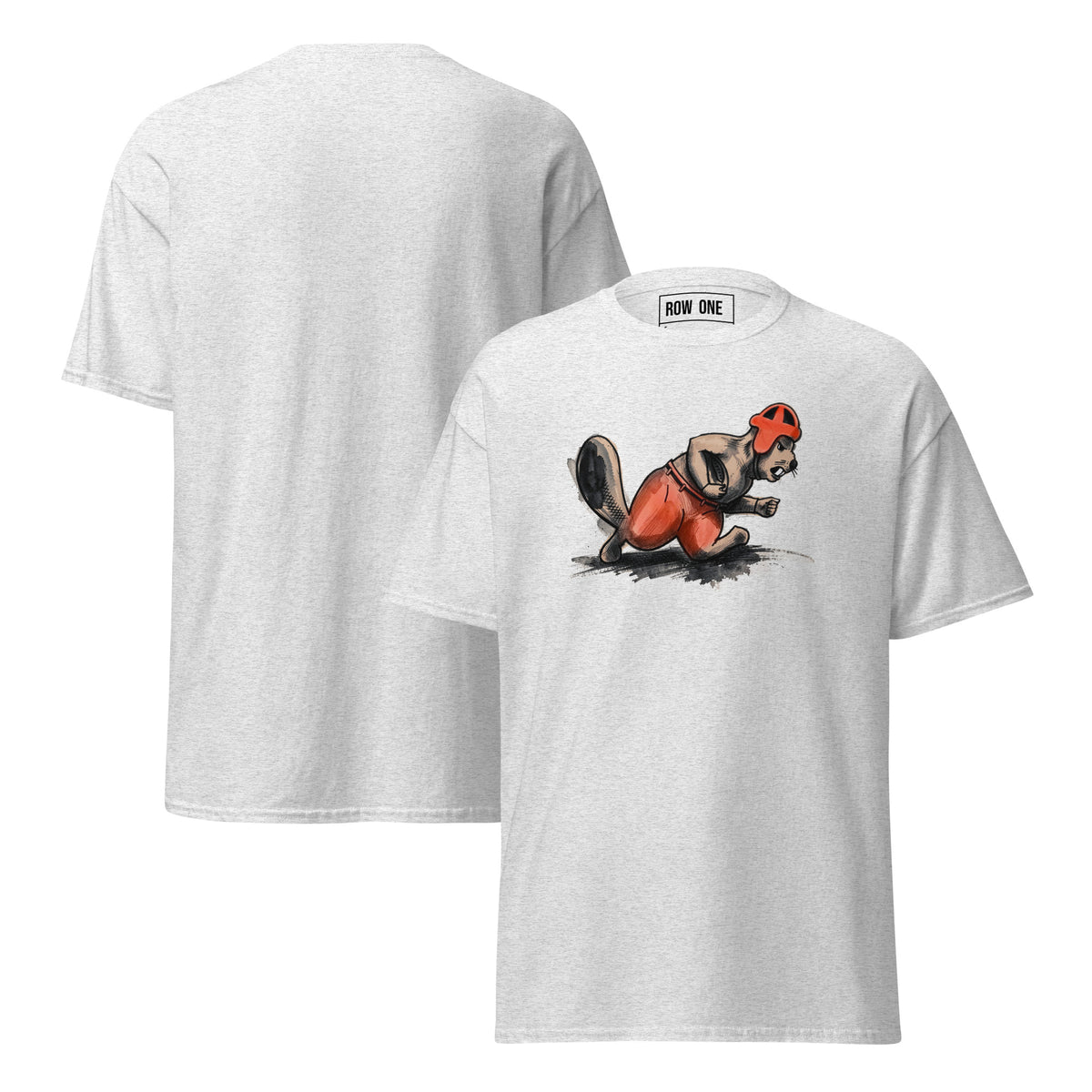 Row One Grey White cotton t-shirt vintage college football tee with 1950s cartoon beaver running back graphics