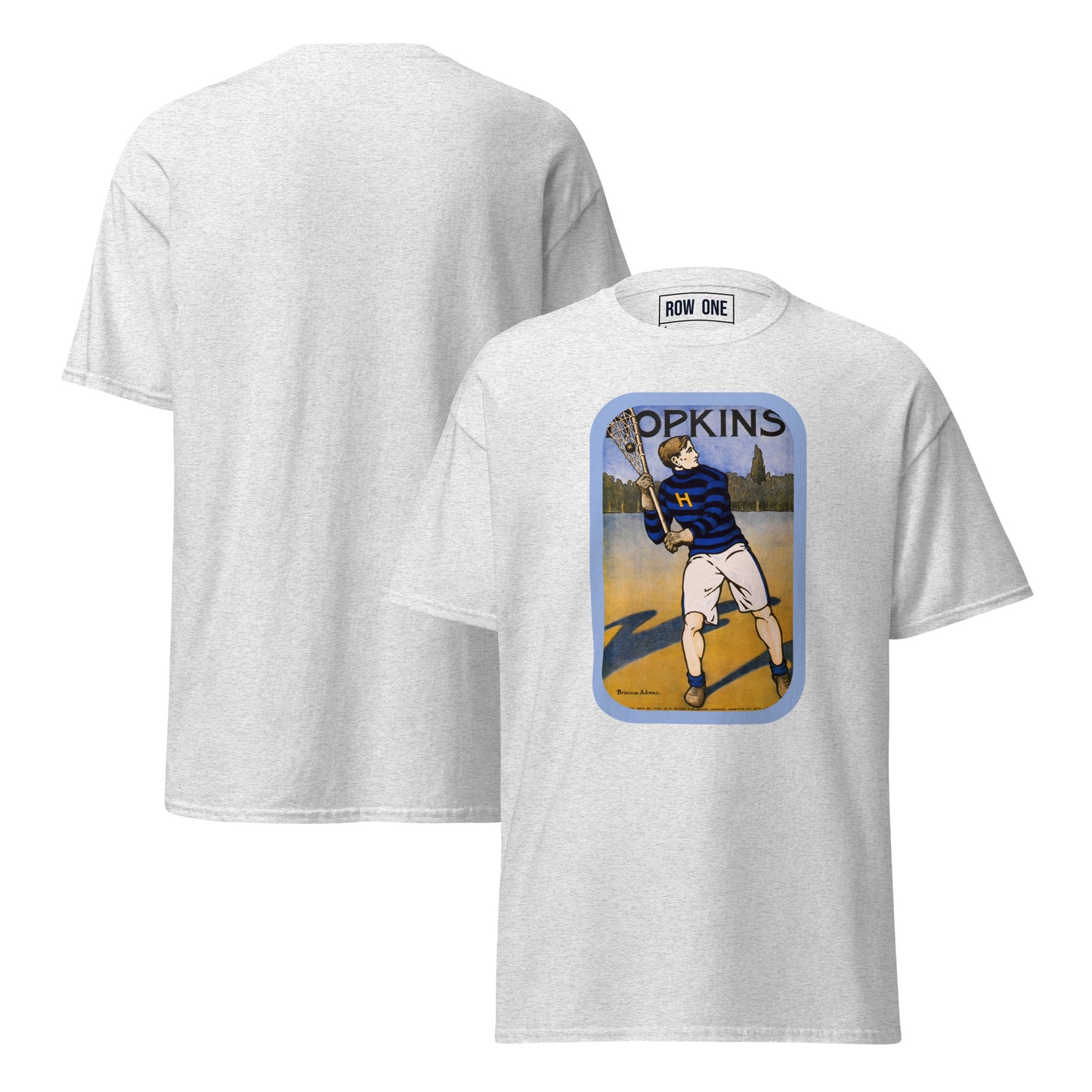A grey lacrosse tee short-sleeve t-shirt shown from both front and back. The front features a vintage-style graphic print of a lacrosse player with the text 'OPKINS' above it.