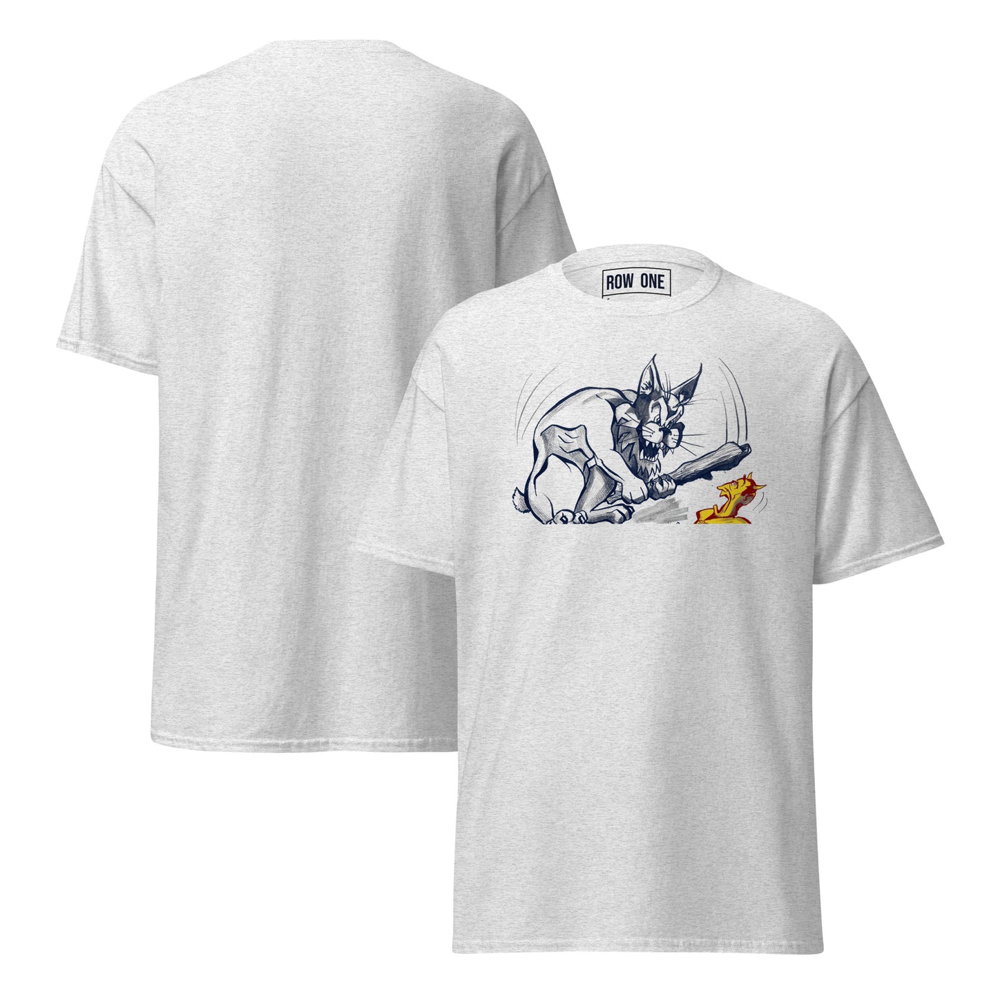 Row One Brand vintage college cartoon art graphic tee light heather gray t-shirt shown from both the front and back. The front features a graphic print of a wildcat about to club a sun devil.