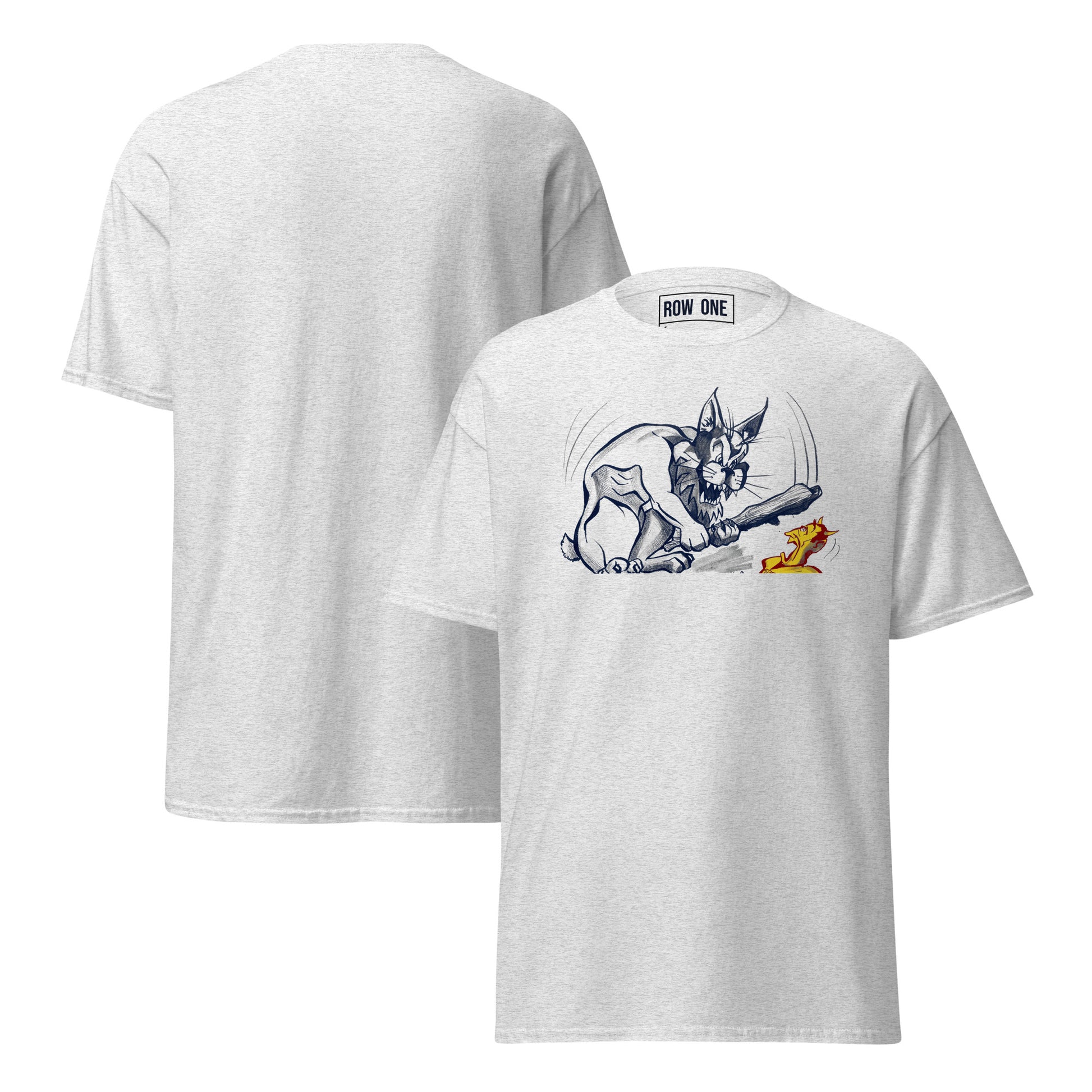 Row One Brand vintage college cartoon art graphic tee light heather gray t-shirt shown from both the front and back. The front features a graphic print of a wildcat about to club a sun devil.