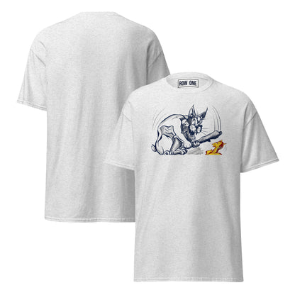 Row One Brand vintage college cartoon art graphic tee light heather gray t-shirt shown from both the front and back. The front features a graphic print of a wildcat about to club a sun devil.