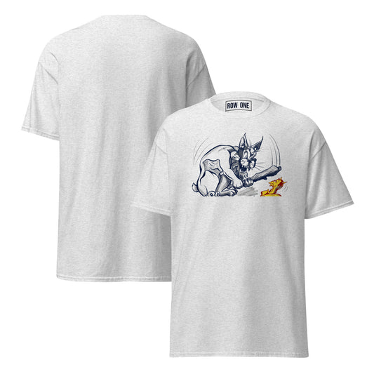 Row One Brand vintage college cartoon art graphic tee light heather gray t-shirt shown from both the front and back. The front features a graphic print of a wildcat about to club a sun devil.