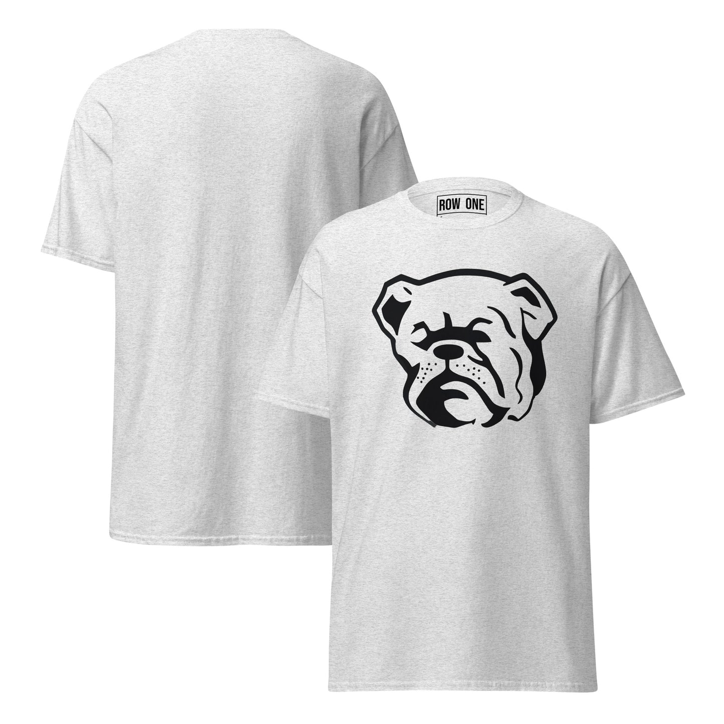 White Cotton t-shirt with bulldog and Row One trademark in neck label