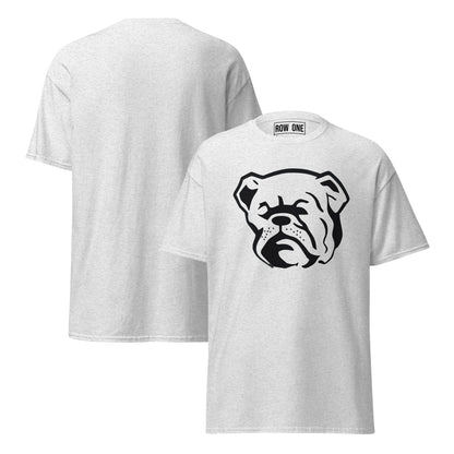 White Cotton t-shirt with bulldog and Row One trademark in neck label