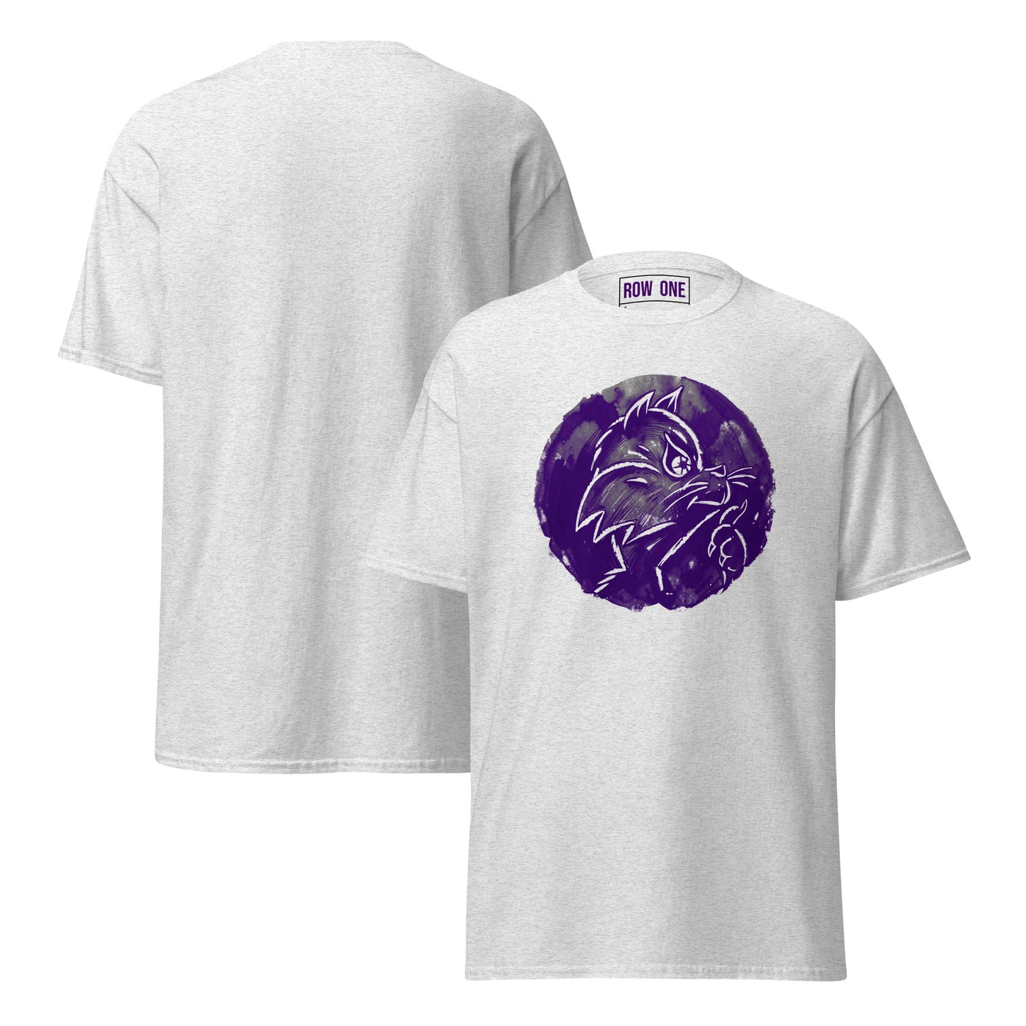 A light heather gray t-shirt shown from both front and back. The front features a circular purple graphic of a cat with a white 'ROW ONE' brand label visible inside the collar.
