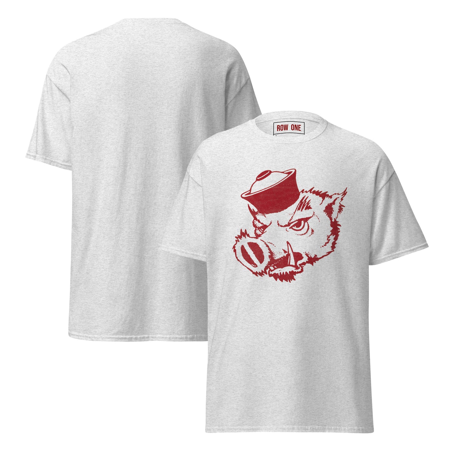 A light heather gray t-shirt shown from both front and back. The front features a red graphic design of a wild boar wearing a sailor hat, and the inside collar shows the trademark name 'ROW ONE'.