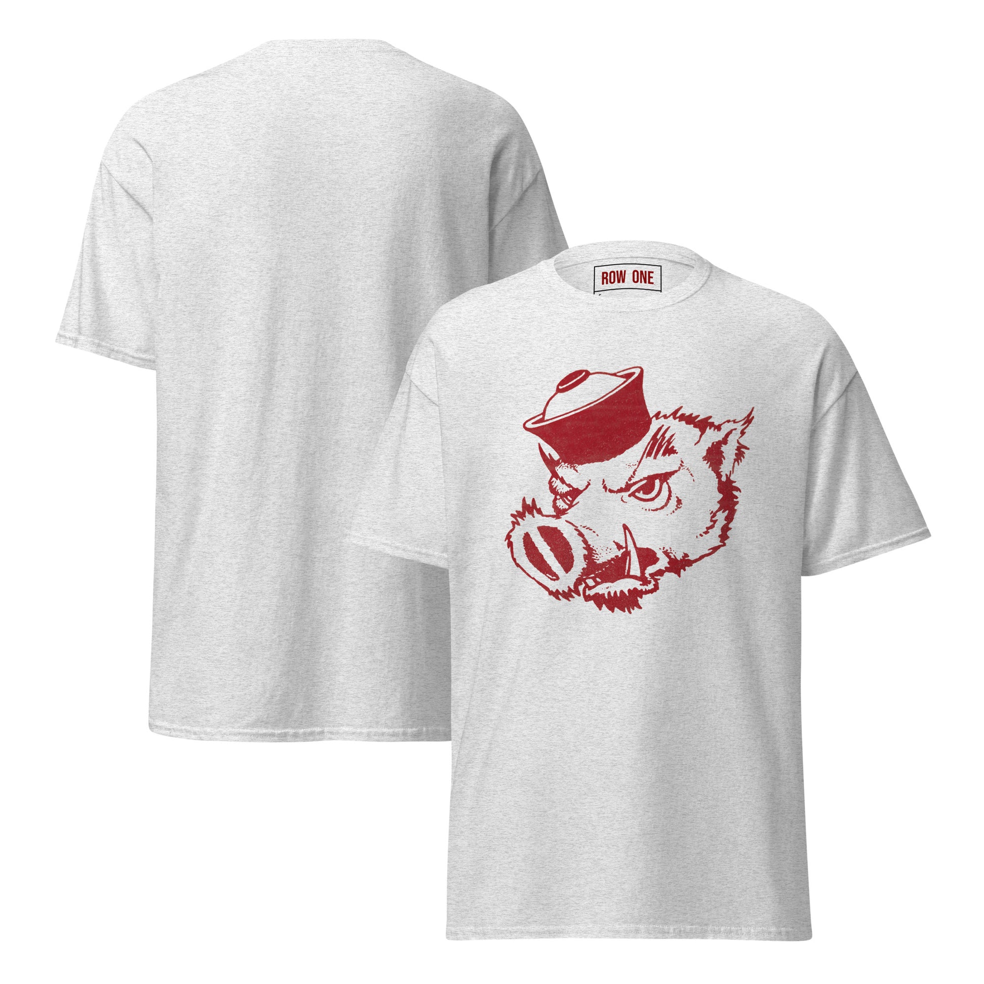 A light heather gray t-shirt shown from both front and back. The front features a red graphic design of a wild boar wearing a sailor hat, and the inside collar shows the trademark name 'ROW ONE'.